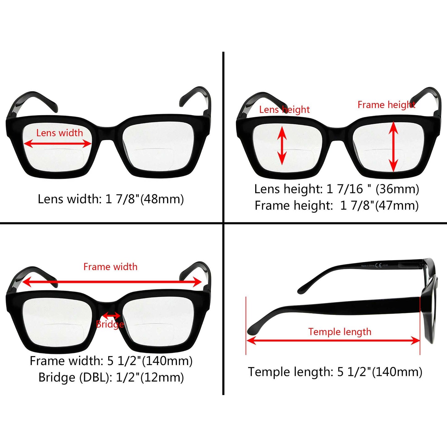 Lot de 4 lunettes de lecture bifocales à monture plus épaisse carrées BR9106