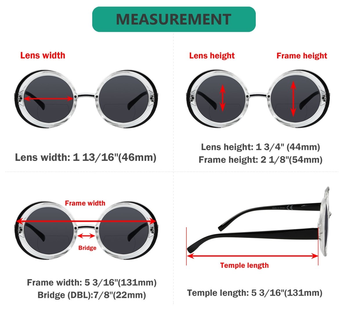 Bifocal Reading Sunglasses Dimensions